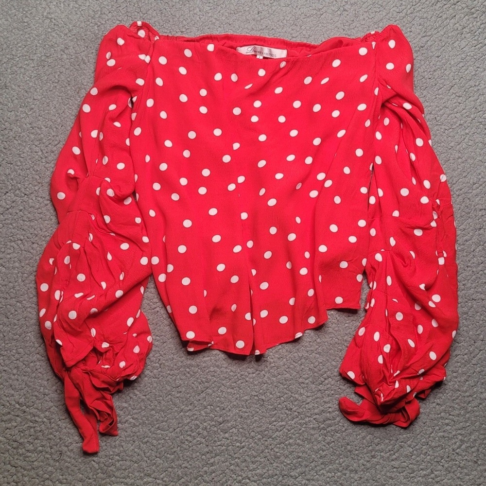 Lovers + Friends Top Small Red Polka Dot Off Shoulder Long Sleeve Tie Cuff Emery